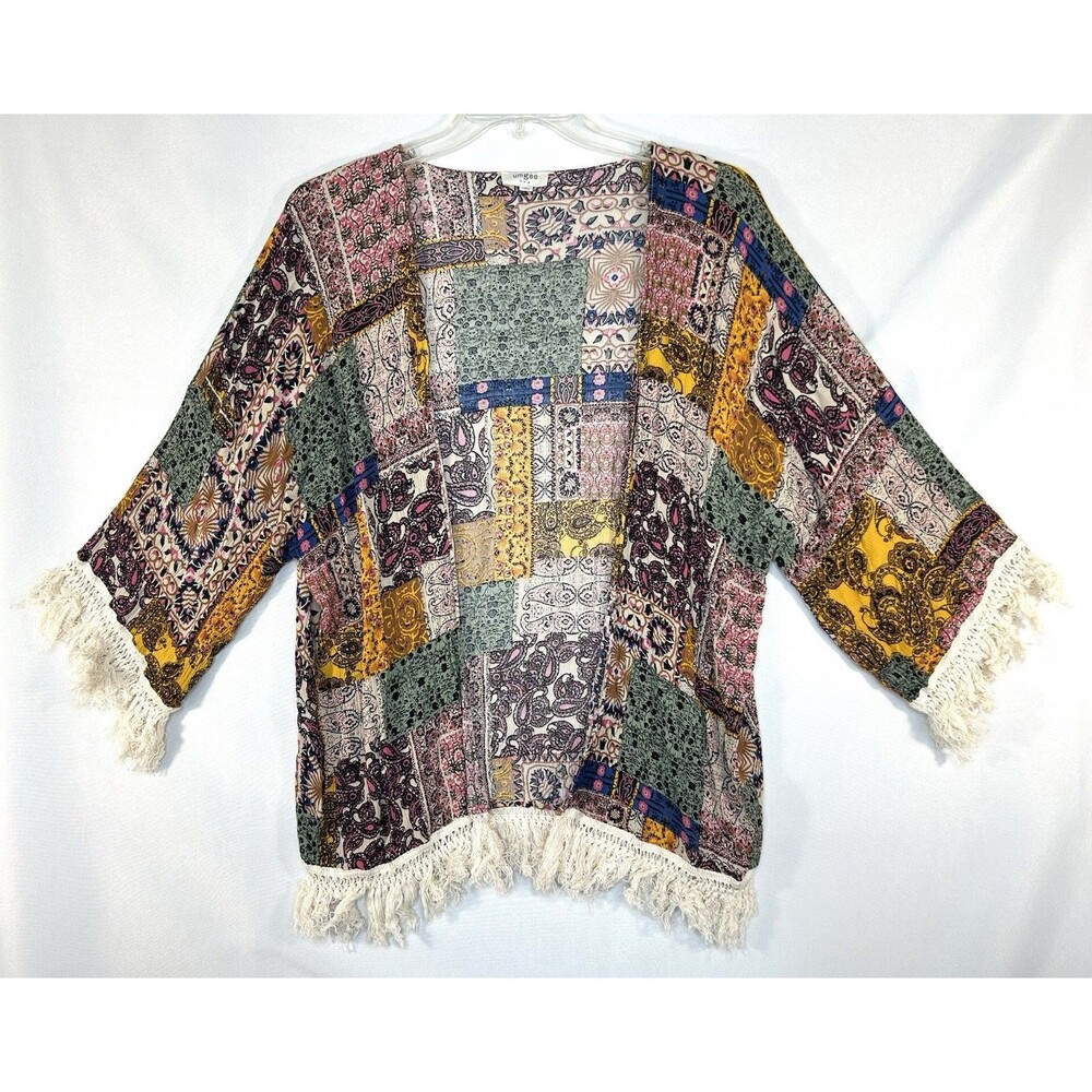 Umgee Boho Lace Fringe Trim 1/2 Sleeve Kimono Open Front Cover Up Size L Hippie